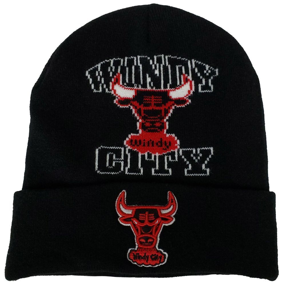 Chicago Bulls Mitchell & Ness NBA Knit Hat Beanie Cap Windy City Jacquard New